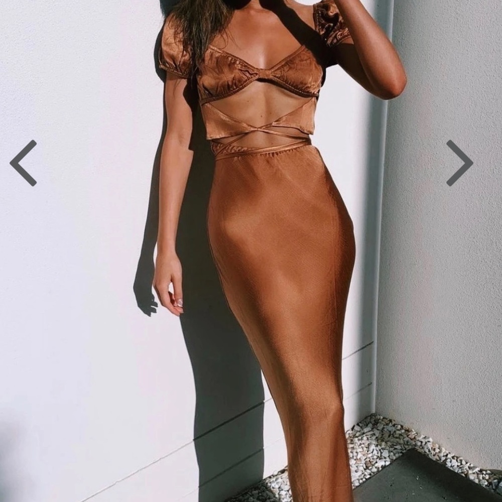VRG GRL Au Revoir Bias Cut Maxi Dress // Tan new with tags Size S